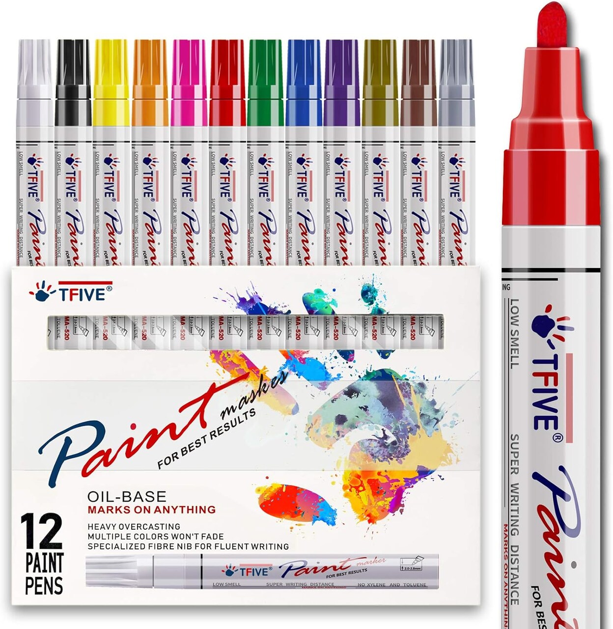 Paint Pens Paint Markers Never Fade Quick Dry and Permanent, 12 Color Oil-Based Waterproof Marker Pen Set for Rock Painting, Ceramic, Wood, Fabric, Plastic, Canvas, Glass, Mugs